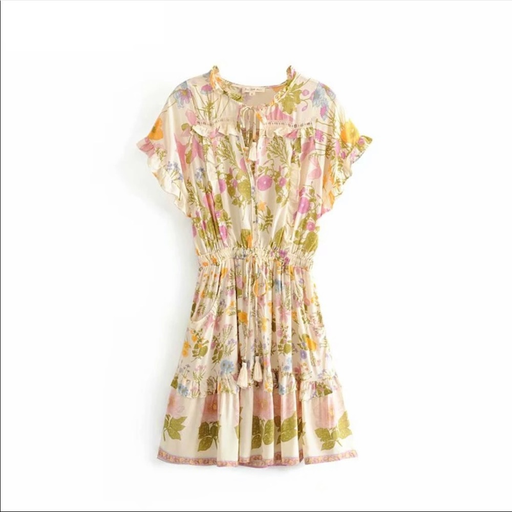 Boho 70s Large Floral Gypsy Print Dress Ruffle - Picture 7 of 14